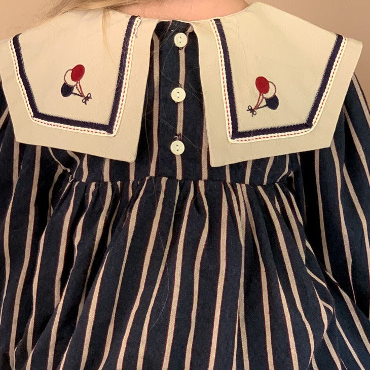 Cute Navy Stripped Embroidered Dress,2T to 7T