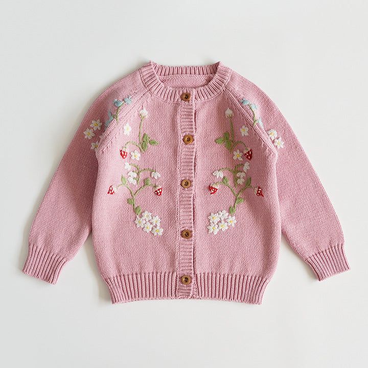 Hand Embroidered Cardigan,Pink/Beige,2T to 6T