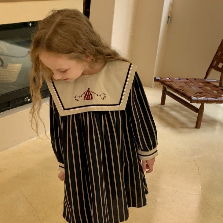 Cute Navy Stripped Embroidered Dress,2T to 7T