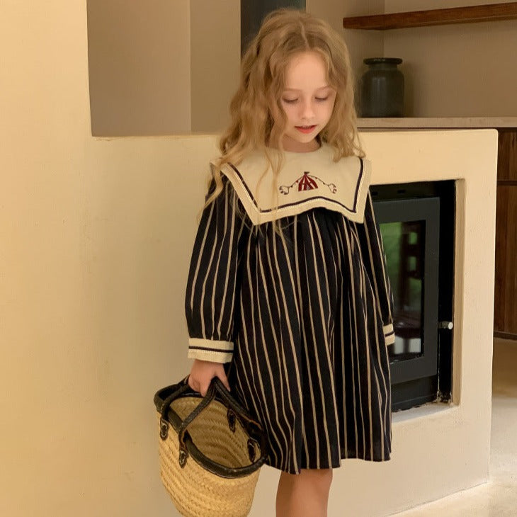 Cute Navy Stripped Embroidered Dress,2T to 7T