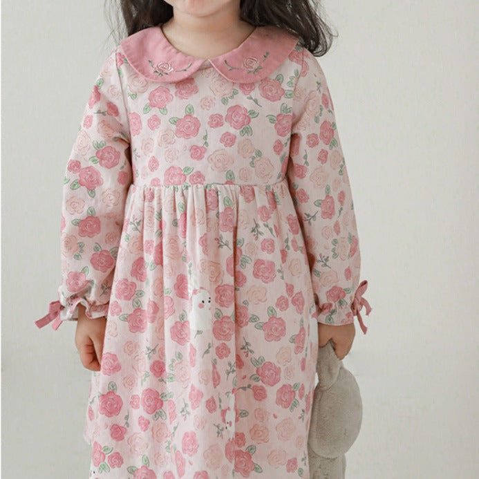 Pink Floral Dress With Embroidered Collar,12M to 6T.
