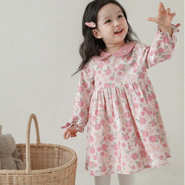 Pink Floral Dress With Embroidered Collar,12M to 6T.