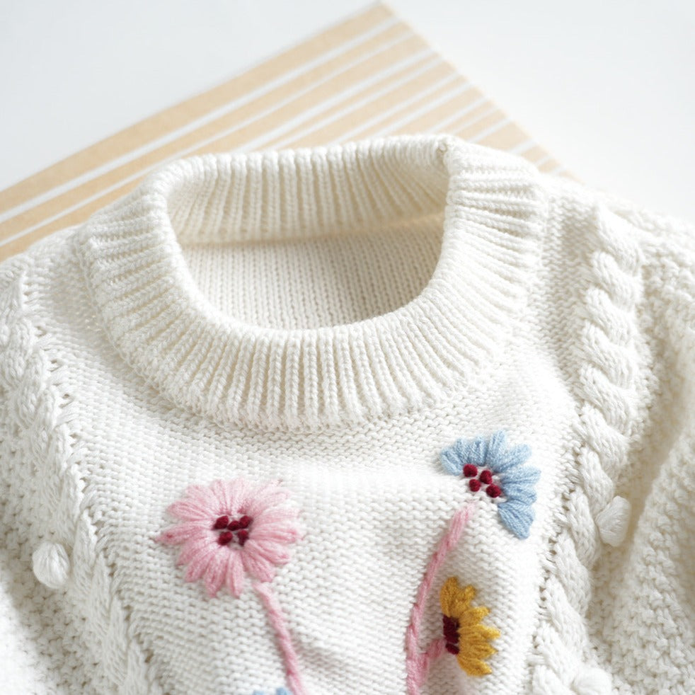 White Hand Embroidered Pullover Sweater,2T to 6T.