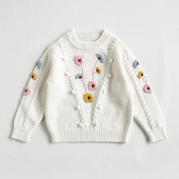 White Hand Embroidered Pullover Sweater,2T to 6T.