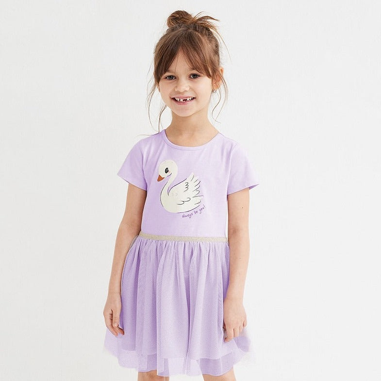 Cute Swan Printed Casual Play Dress,2T to 7T.