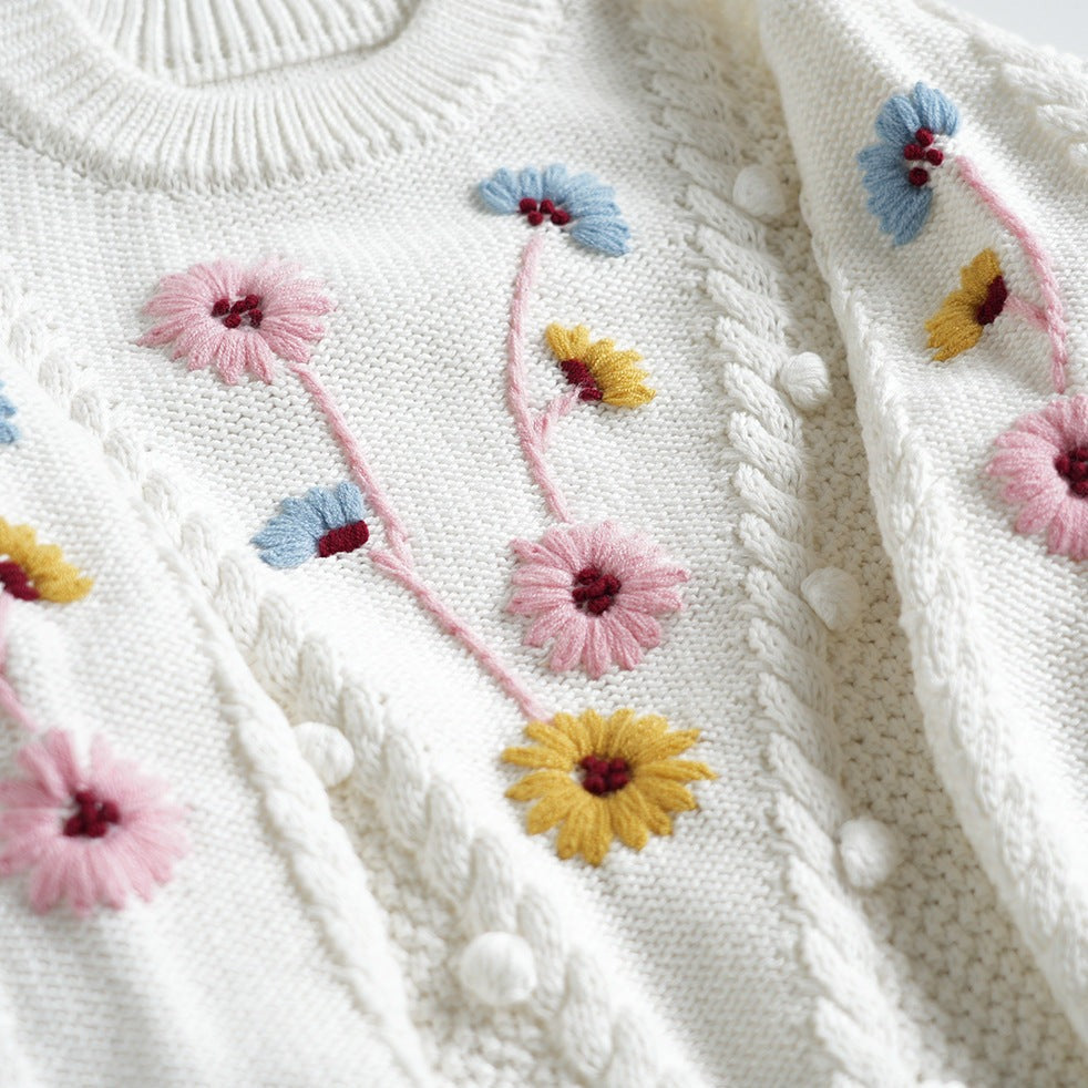 White Hand Embroidered Pullover Sweater,2T to 6T.