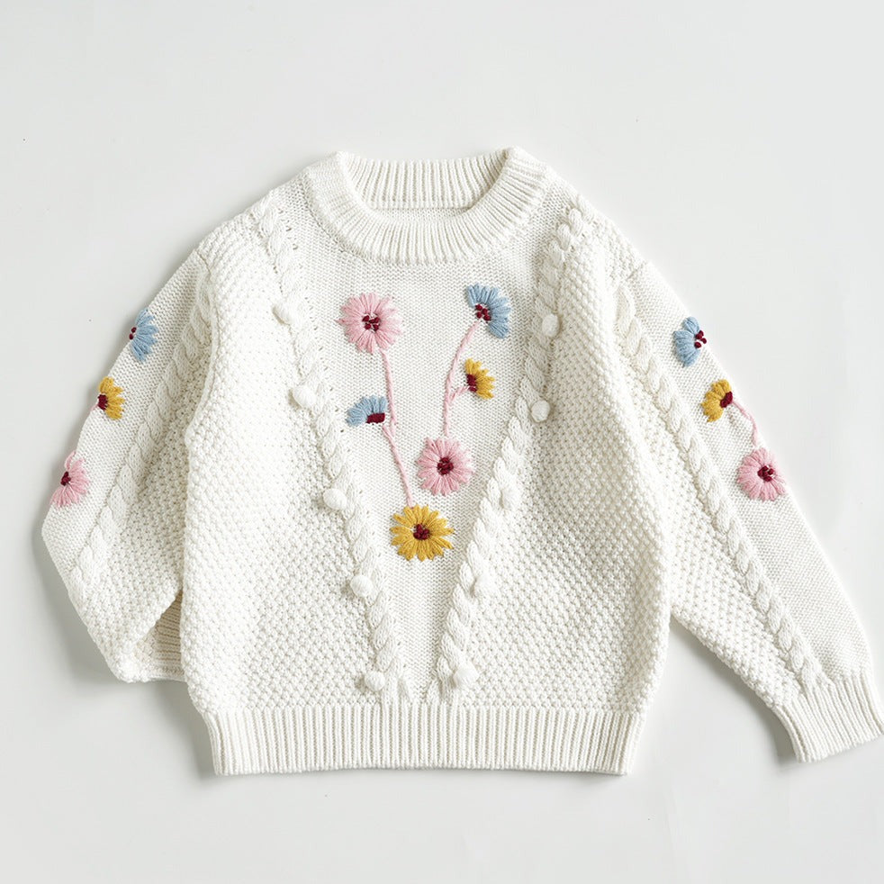 White Hand Embroidered Pullover Sweater,2T to 6T.