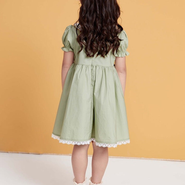 Cute Peter Pan Collar Dress With Embroidery,Green/Purple,12M to 5T.