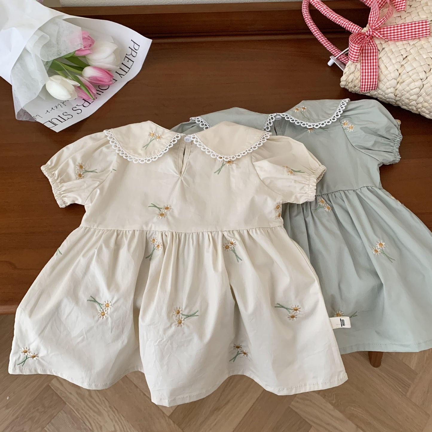 Cute Peter Pan Collar Embroidered Dress,Apricot/Green,12M to 6T.