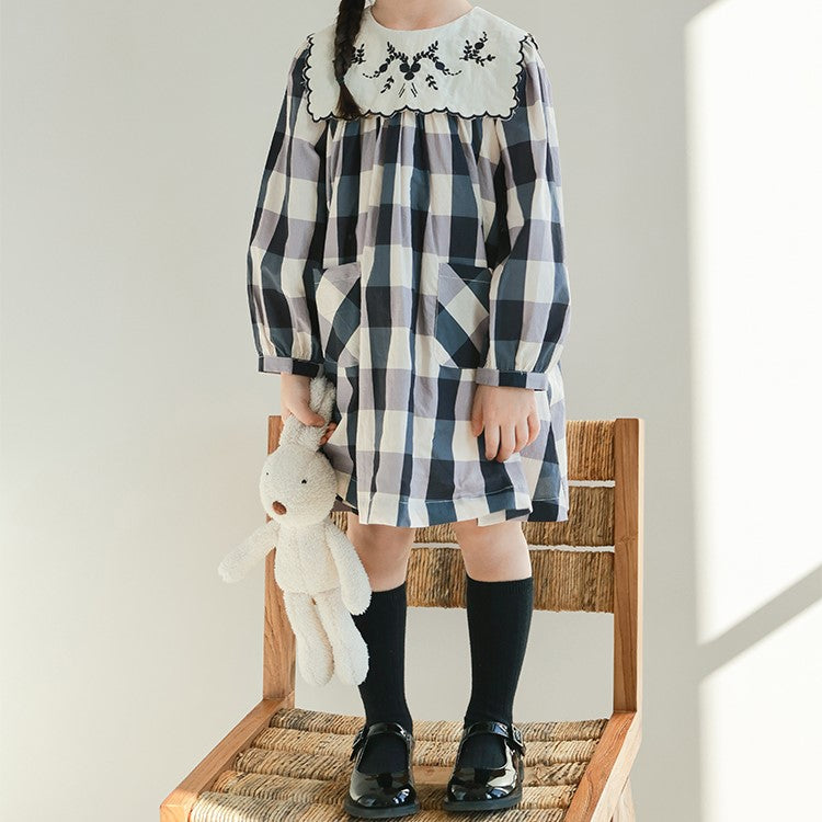 Vintage-Inspired Gingham Dress with Embroidered Collar,12M to 7T