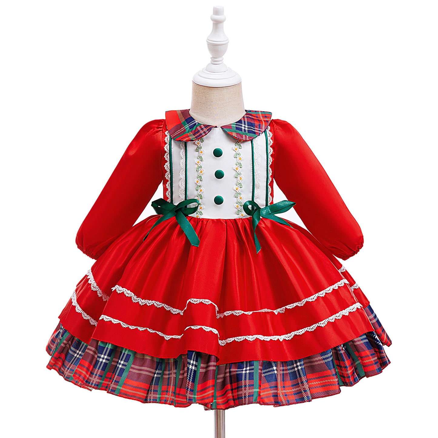 Festive Plaid Holiday Dress with Green Bows (Sizes 6M–3T)