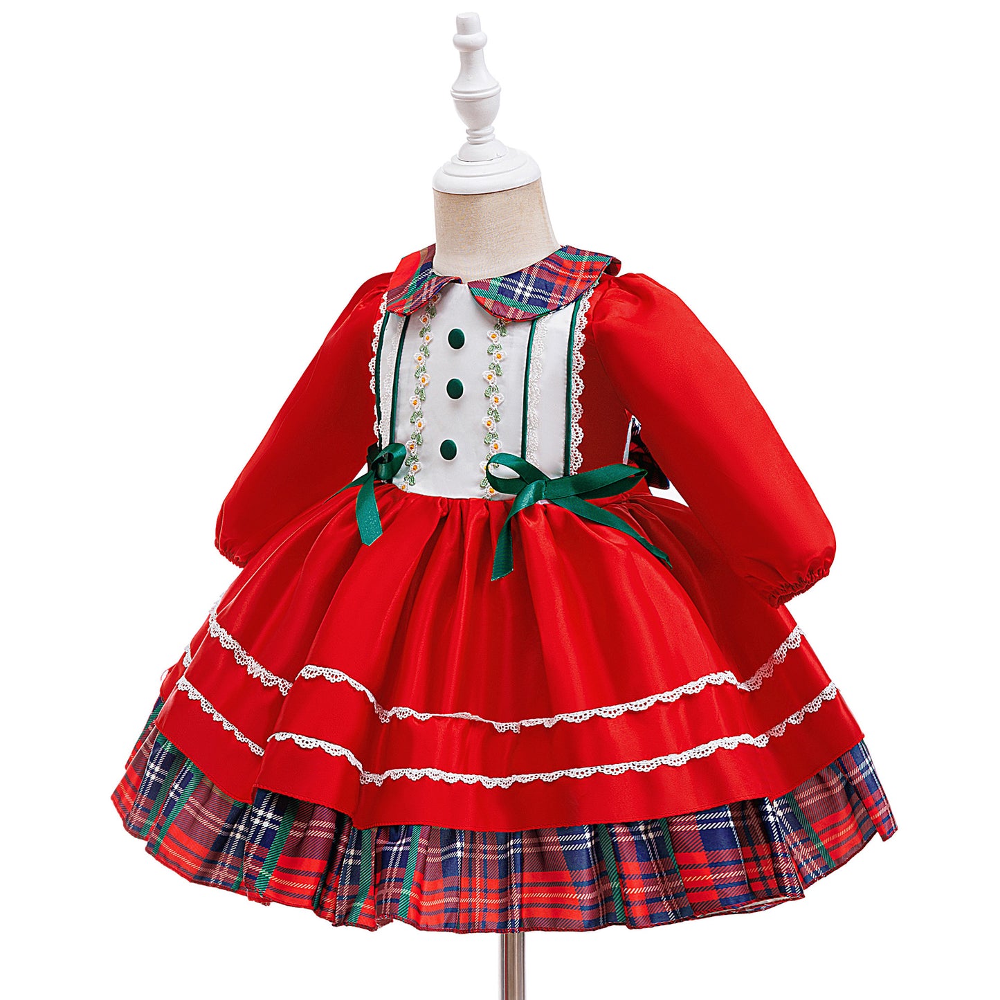 Festive Plaid Holiday Dress with Green Bows (Sizes 6M–3T)