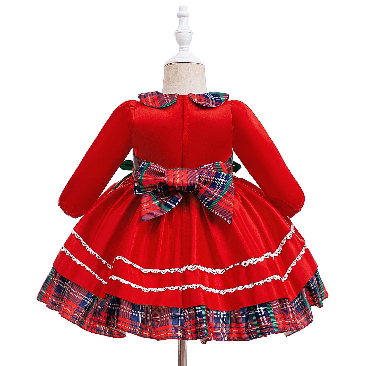 Festive Plaid Holiday Dress with Green Bows (Sizes 6M–3T)