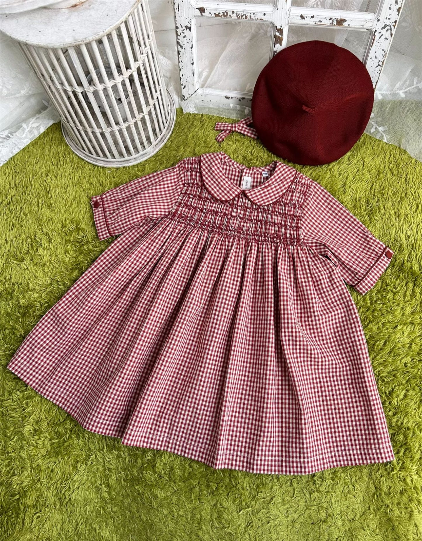 Hand Smocked Red Plaid Dress,2T to 7T.