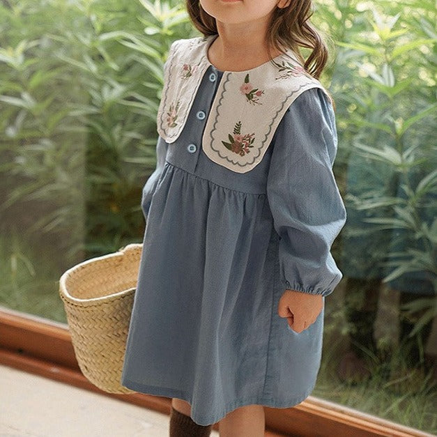 Blue Embroidered Lapel Collar Dress,2T to 7T.