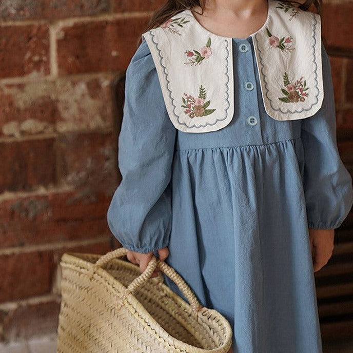 Blue Embroidered Lapel Collar Dress,2T to 7T.