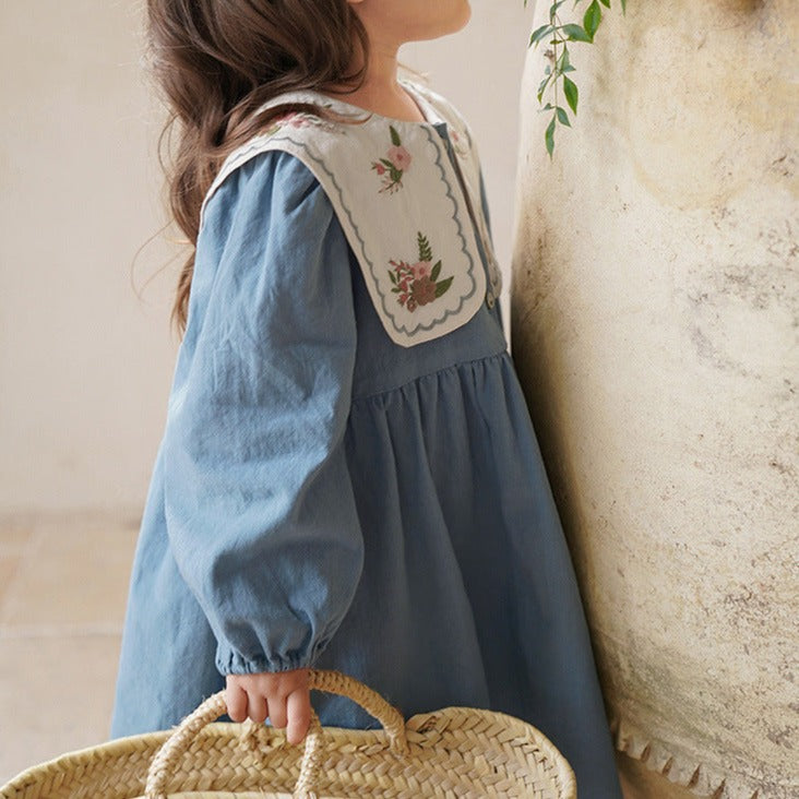 Blue Embroidered Lapel Collar Dress,2T to 7T.