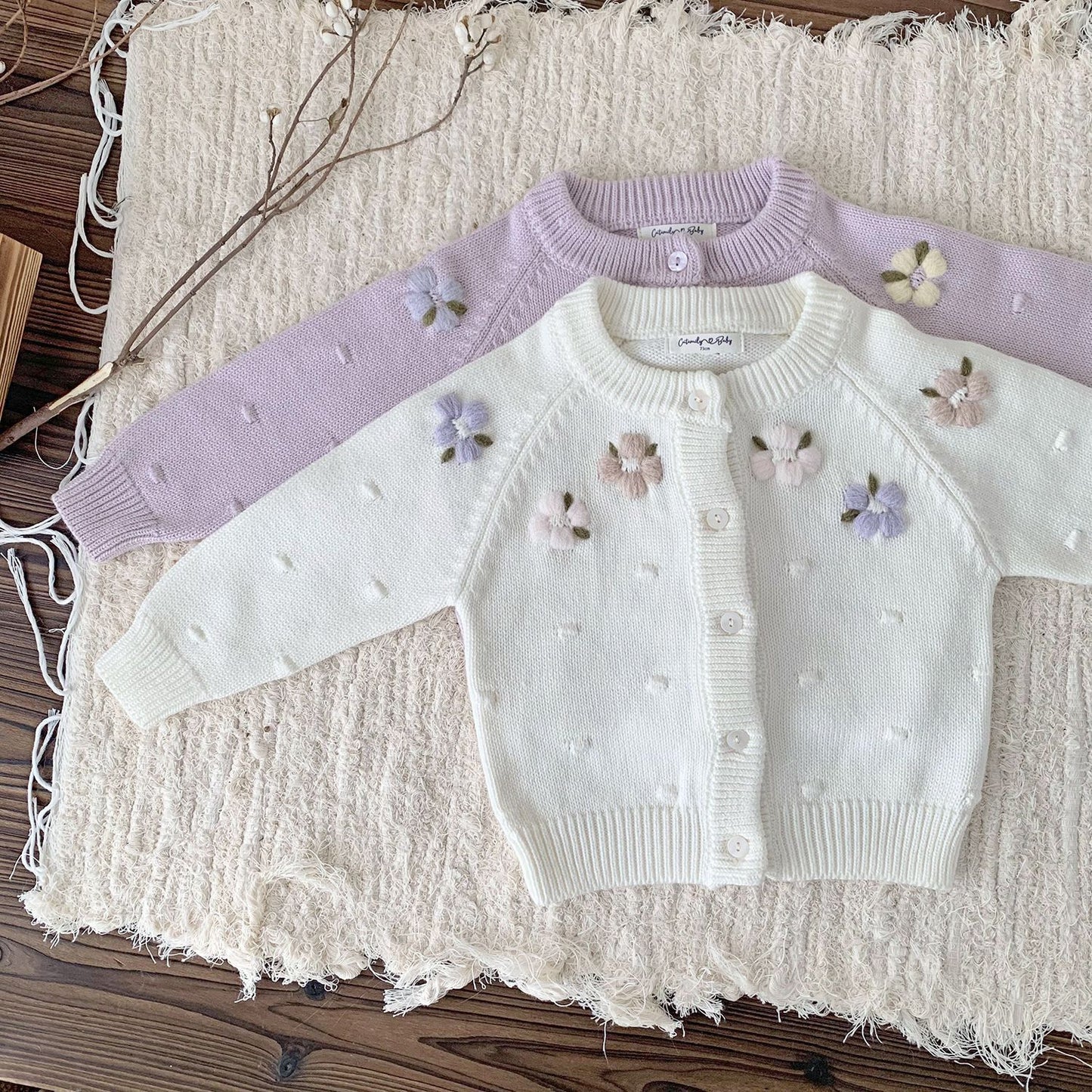 Embroidered Flower Baby Cardigan ,Lilac/Cream,6M to 4T