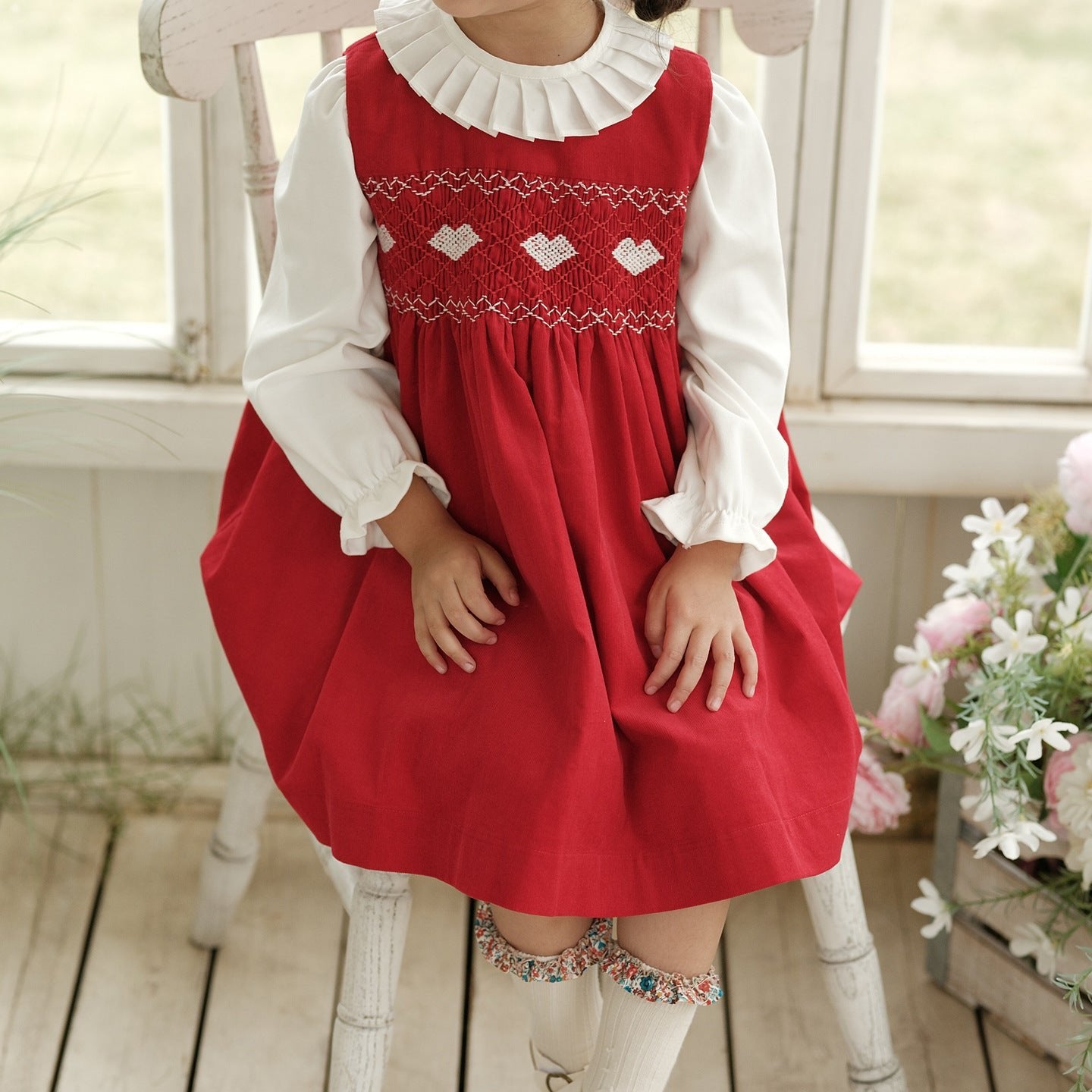 Hand-Smocked Red Dress with White Shirt,12M to 6T