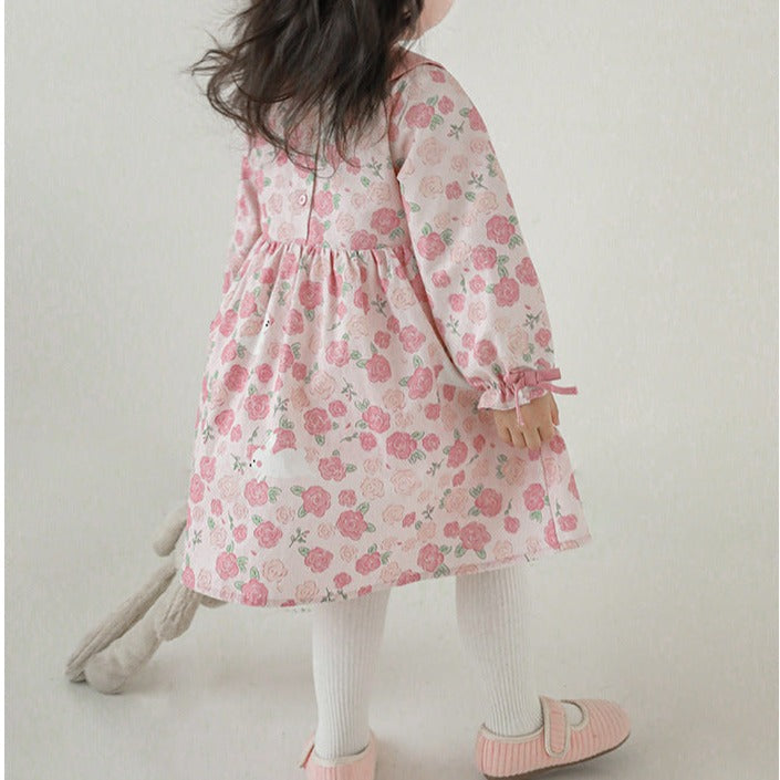 Pink Floral Dress With Embroidered Collar,12M to 6T.