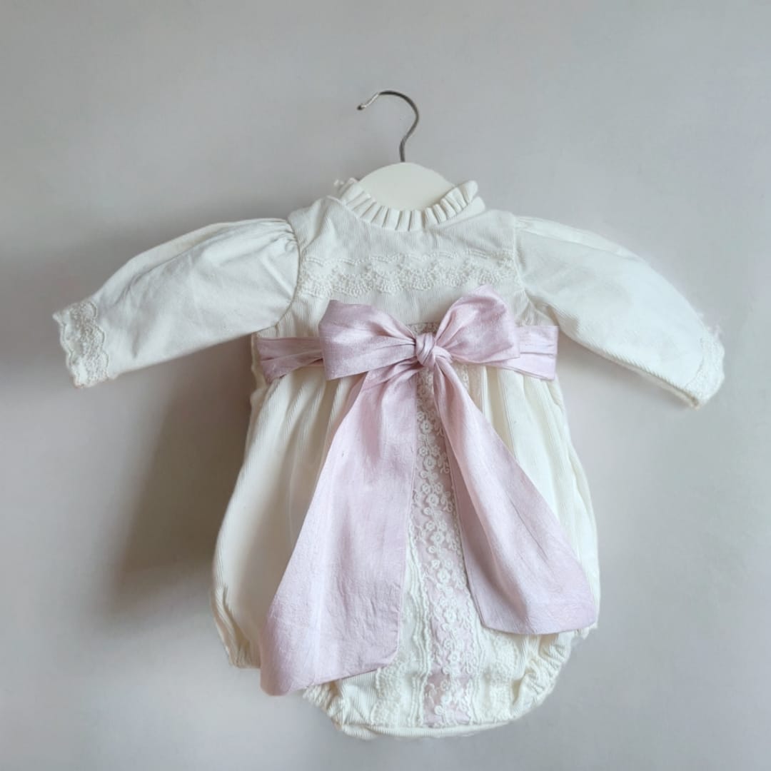 Vintage-Inspired Baby Romper with Blush Pink Bow (3M–4T)