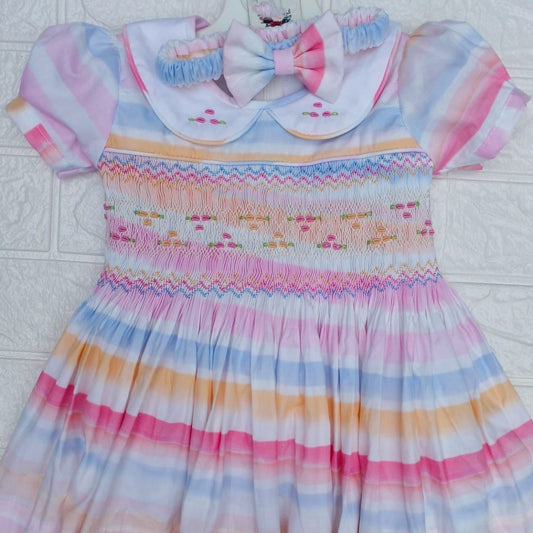 Pastel Rainbow Hand Smocked Dress with Matching Bow,6M - 8T