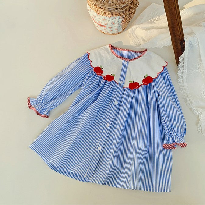 Blue Stripped Apple Applique Dress,2T to 7T.