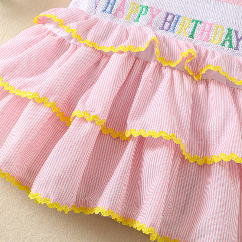Cute Happy Birthday Embroidered Dress,12M to 5T.