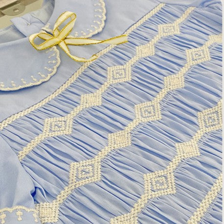 Classic Blue Embroidered Dress,4T to 10T.