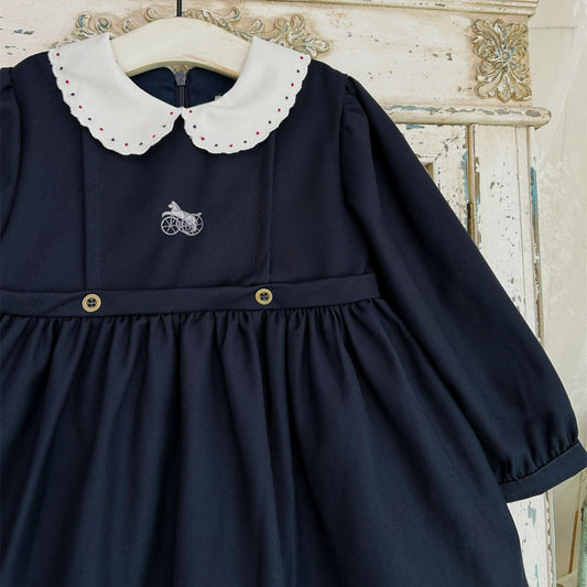Navy Blue Carriage Embroidered Fall Dress,2T-7T