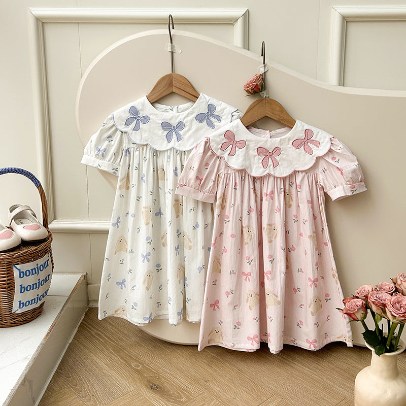 Adorable Bow Embroidered Dress,Pink/Blue,2T to 7T.