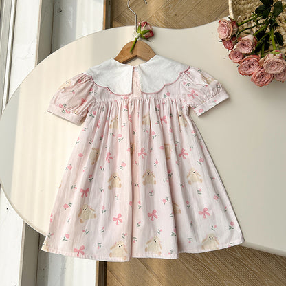 Adorable Bow Embroidered Dress,Pink/Blue,2T to 7T.
