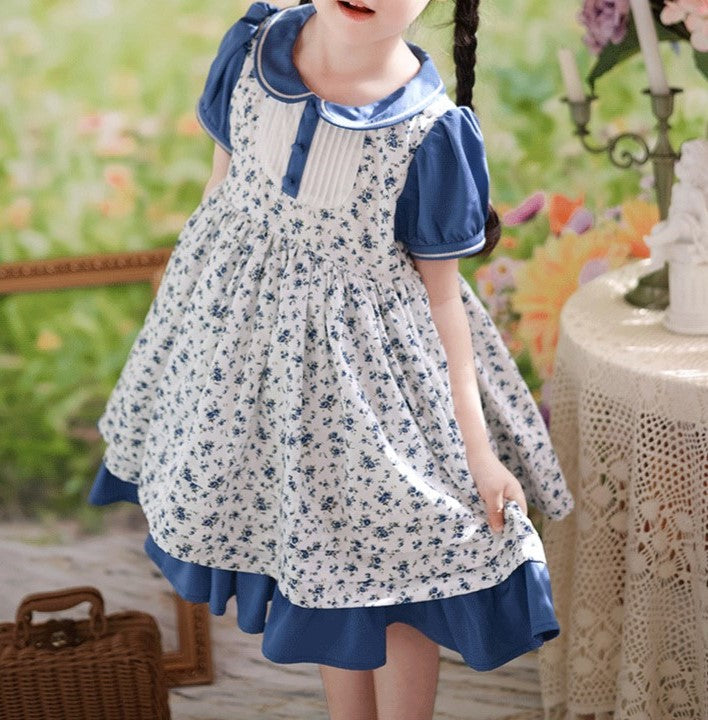 Blue Floral Peter Pan Collar Dress,2T to 7T.