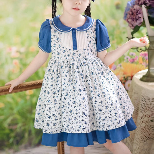 Blue Floral Peter Pan Collar Dress,2T to 7T.