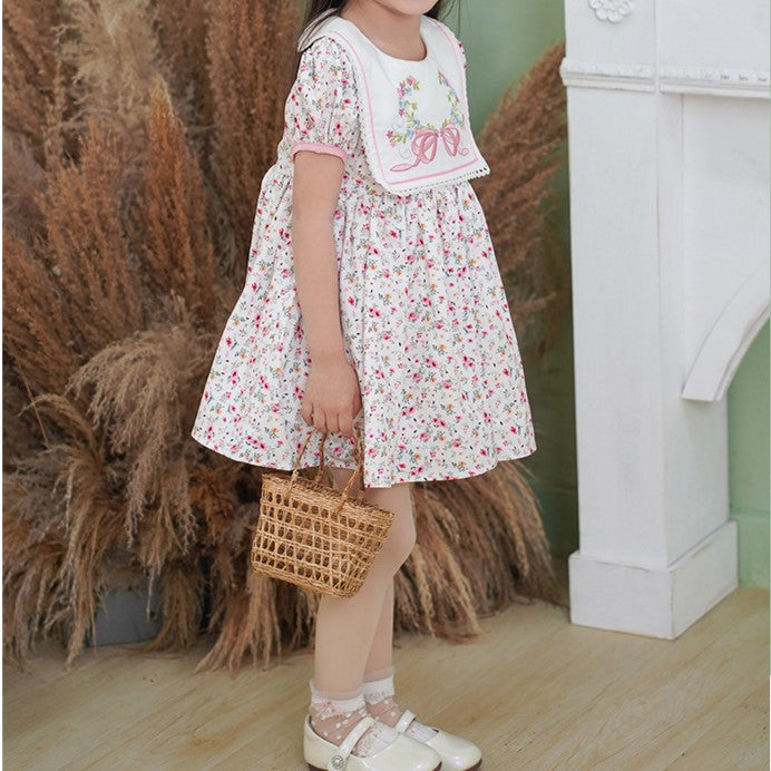 Floral Bow Embroidered 3pcs  Set,2T to 7T.