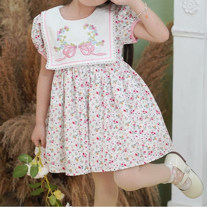 Floral Bow Embroidered 3pcs Set,2T to 7T.