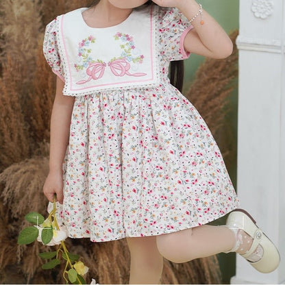 Floral Bow Embroidered 3pcs  Set,2T to 7T.