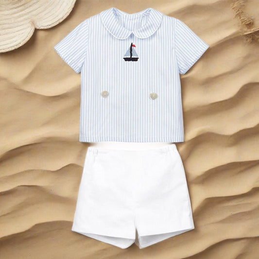 Cute Sail Boat Embroidered Boys Set,6M to 5T.
