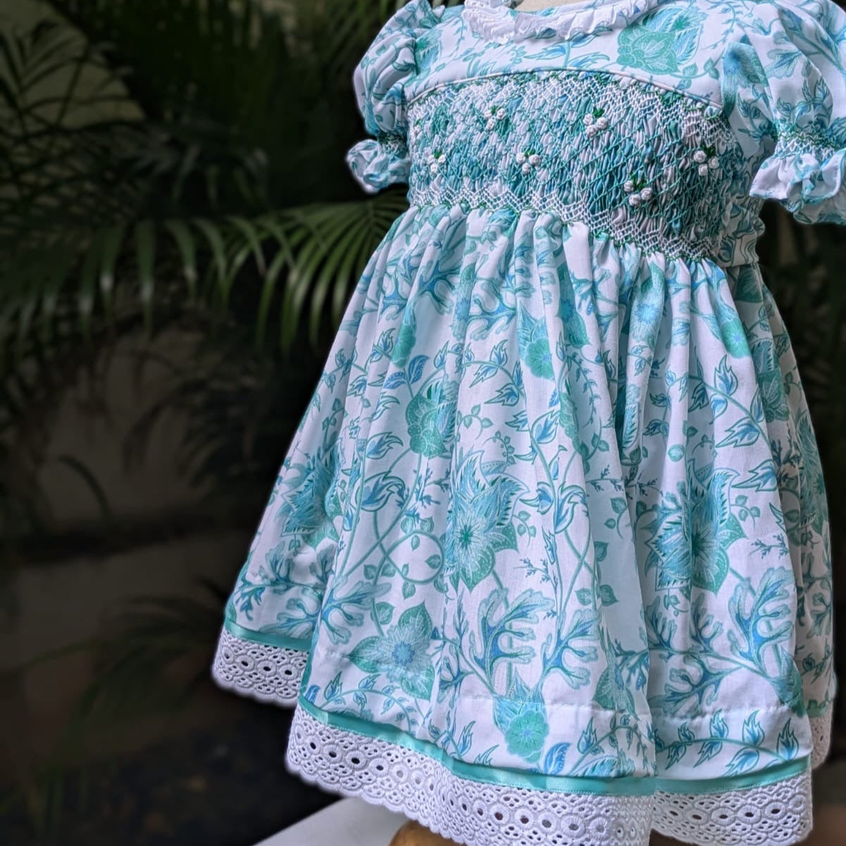 Emerald Garden Hand-Smocked Cotton Satin Dress,6M to 6T.