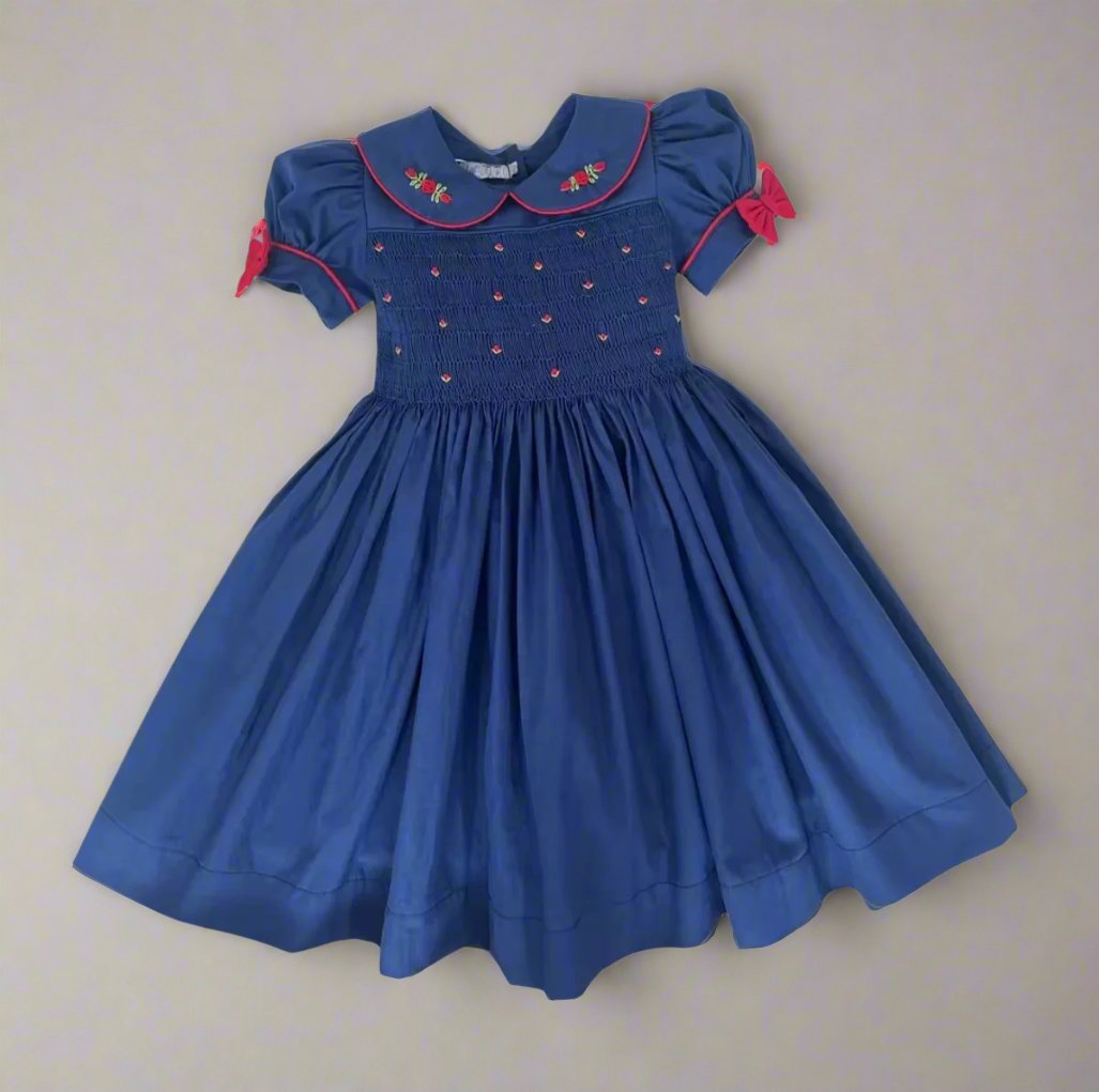 Hand-Smocked & Embroidered Navy Dress with Red Accents,12M to 12T