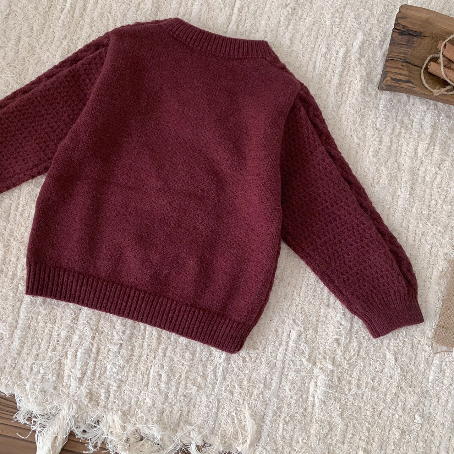 Hand-Embroidered Deep Red Woolen Sweater,6M to 4T.