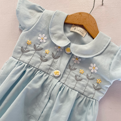 Blue Hand Embroidered Dress & Romper,0 to 8T.