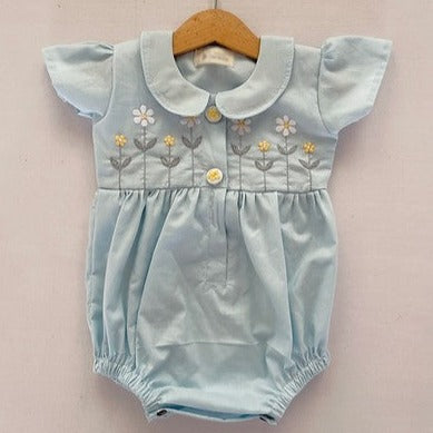 Blue Hand Embroidered Dress & Romper,0 to 8T.