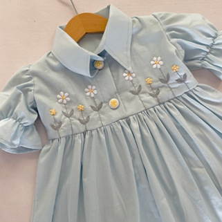 Blue Hand Embroidered Dress & Romper,0 to 8T.