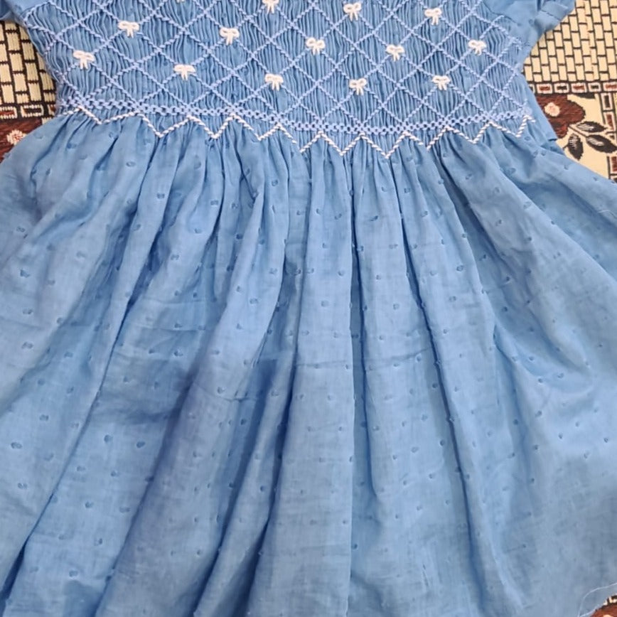 Blue Smocked Dress With Embroidered Bows,3M to 12T.