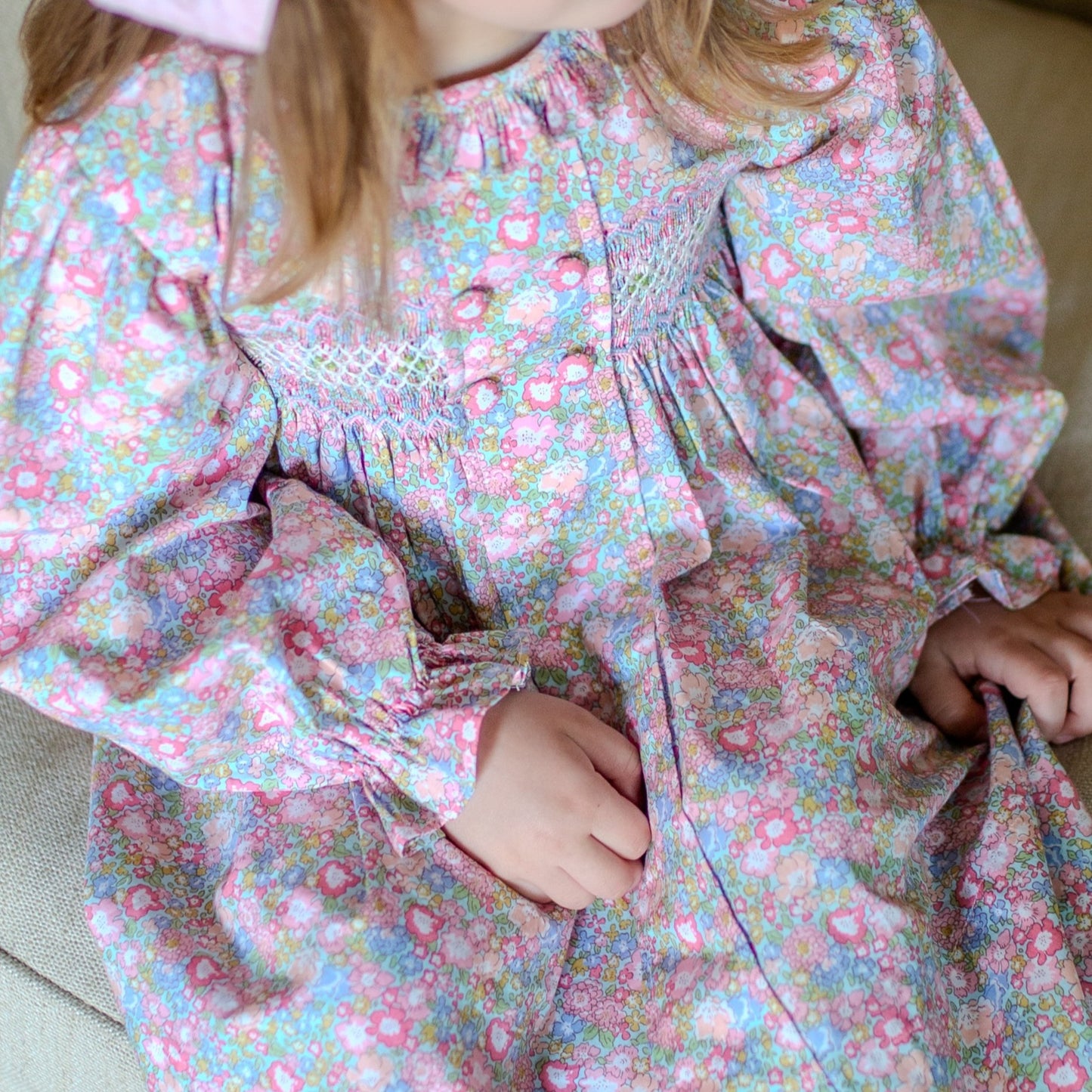 Hand-Smocked Pastel Blue Floral Dress,3M-7T