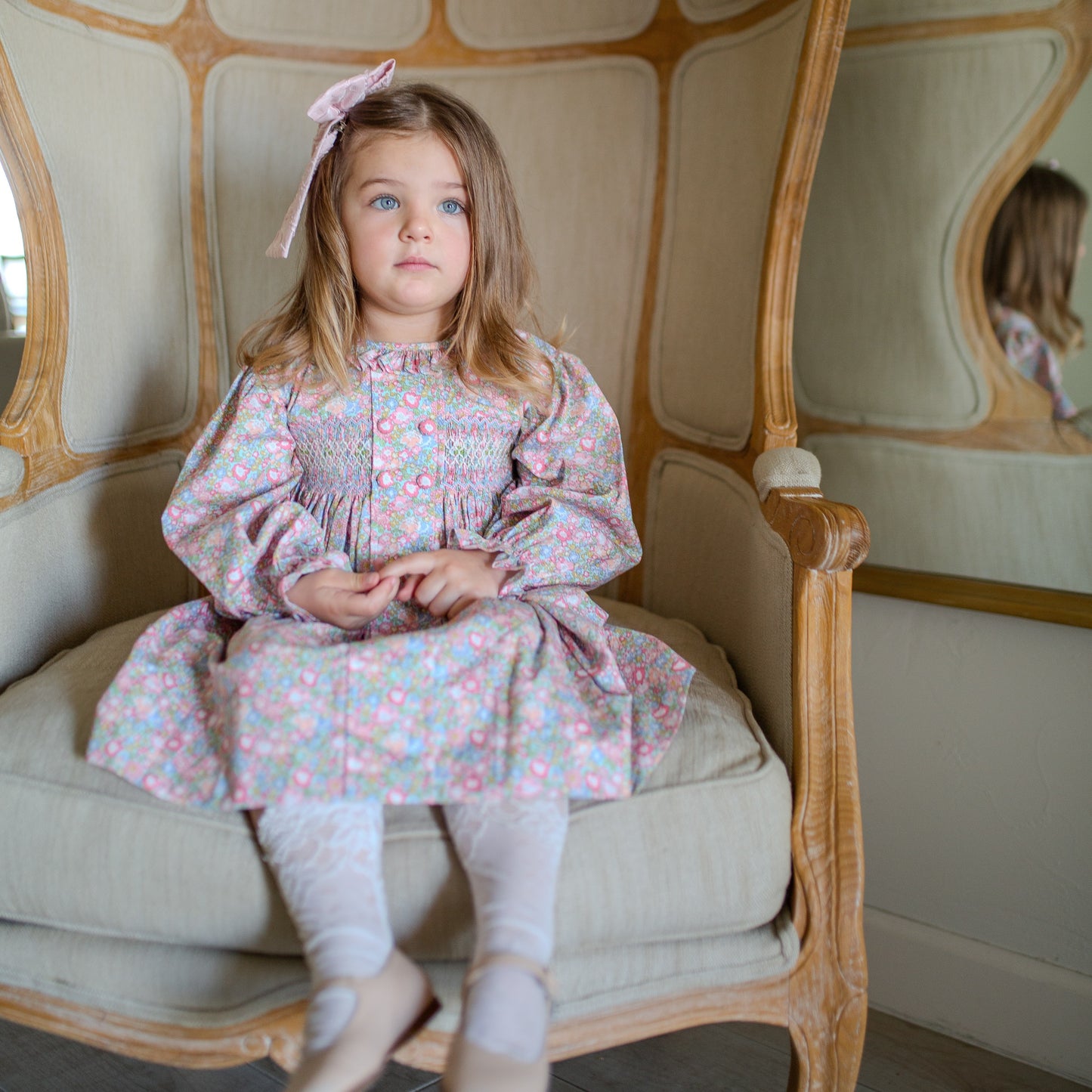 Hand-Smocked Pastel Blue Floral Dress,3M-7T