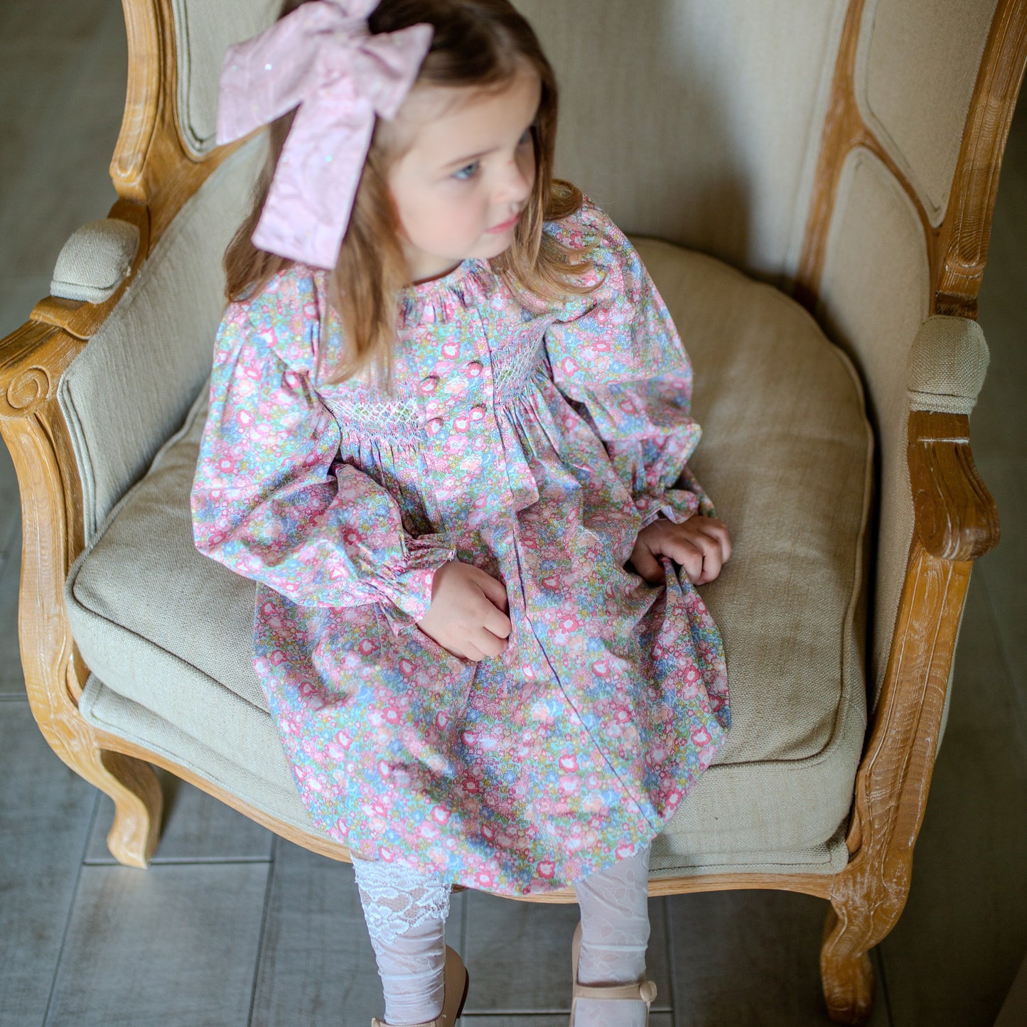 Hand-Smocked Pastel Blue Floral Dress,3M-7T