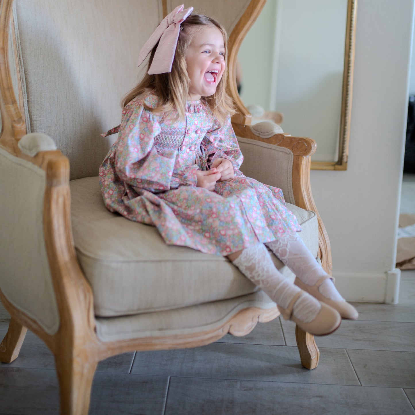 Hand-Smocked Pastel Blue Floral Dress,3M-7T