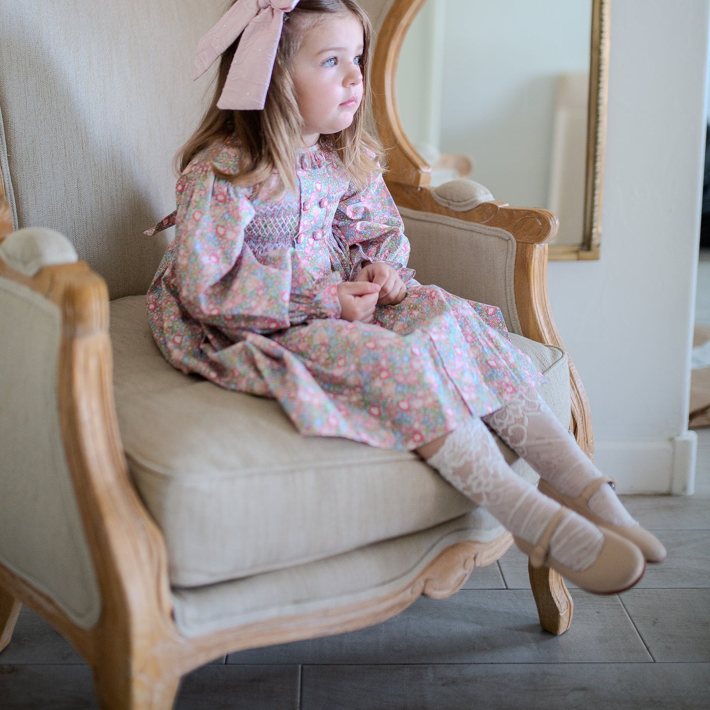 Hand-Smocked Pastel Blue Floral Dress,3M-7T